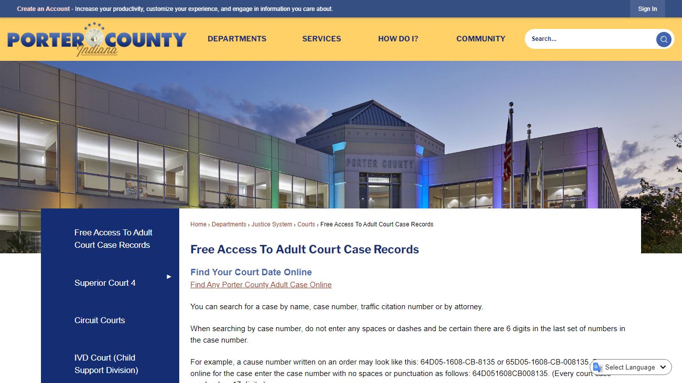 Free Access To Adult Court Case Records - Porter County, Indiana